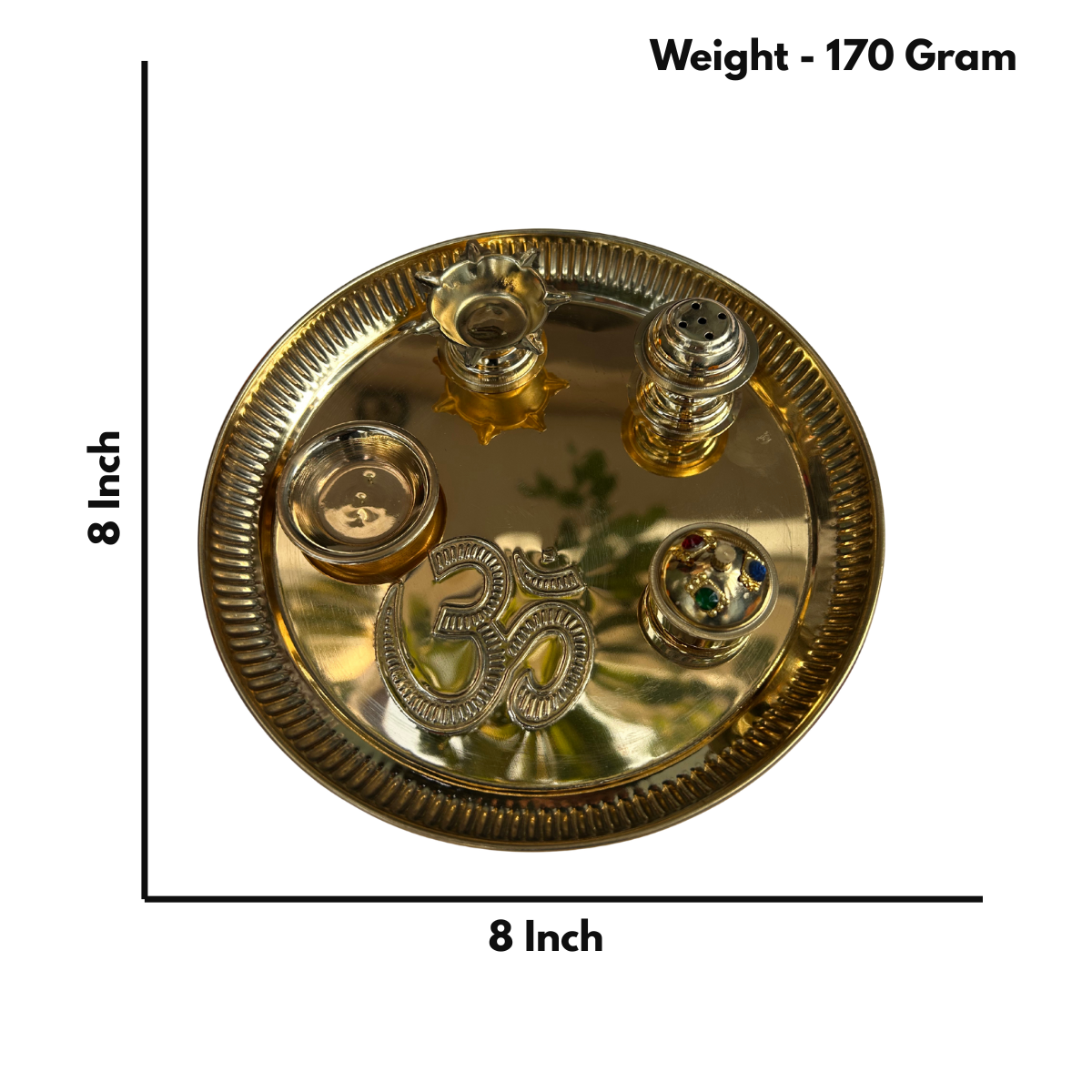 Golden Brass Pooja Thali Set with Diya & Sindoor Box | 8 Inch