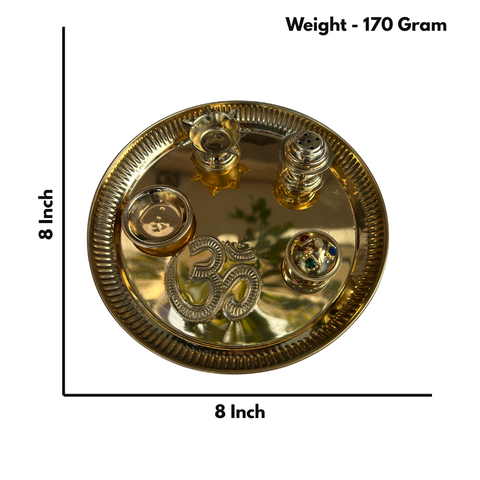 Pooja Thali Set | Brass Material | Golden | Attached Diya, Incense Stand, Sindoor Box and Bowl | 8 Inch