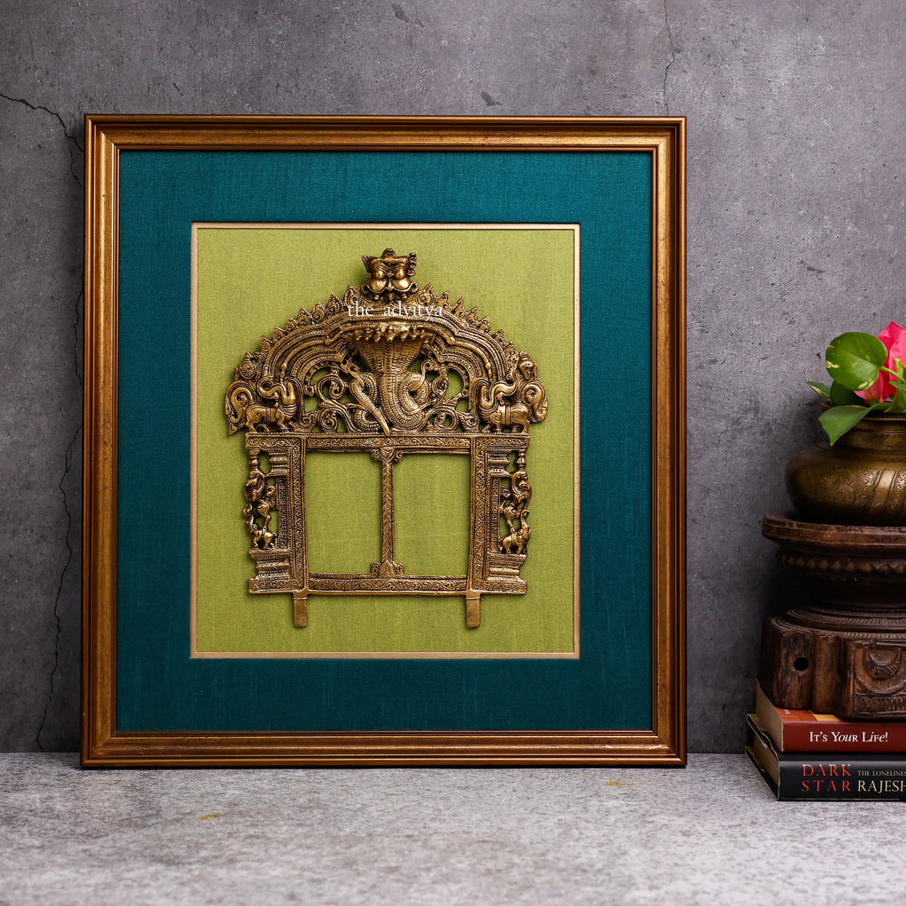"Magnificent Brass Temple Prabhavali on Dual Fabric Frame "