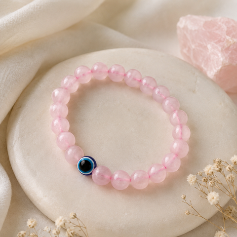 Natural Rose Quartz with Evil Eye Bracelet for Love, Protection & Emotional Peace