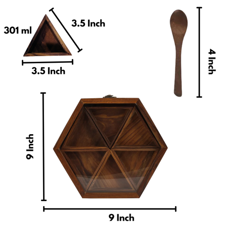 Spice Box with Glass Lid & Spoon | Premium Indian Wooden Masala Dabba for Kitchen & Dining | 6 Compartments | 9 inch
