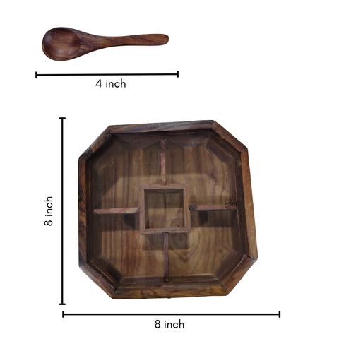 Classic Indian Wooden Spice Organizer with Transparent Lid | 5 Partition Masala Box with Spoon - 8 Inch