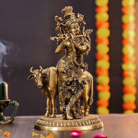 Brass Lord Krishna with Cow Figurine