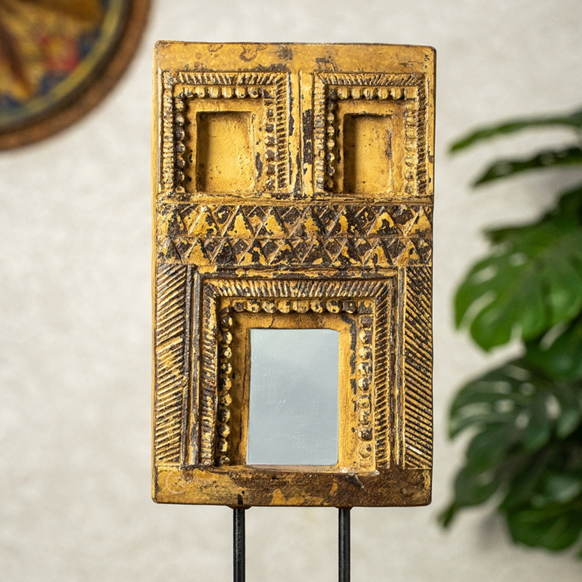 Wooden Mehrab Frame with Mirror - Jharokha on Iron Stand (Yellow)