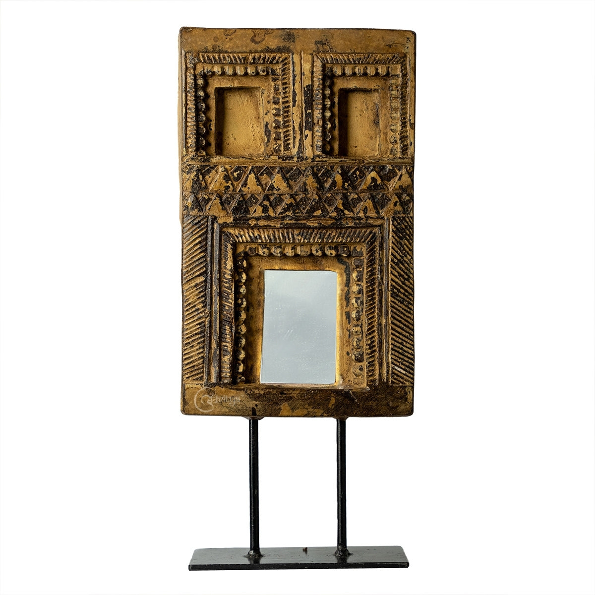 Wooden Mehrab Frame with Mirror - Jharokha on Iron Stand (Yellow)