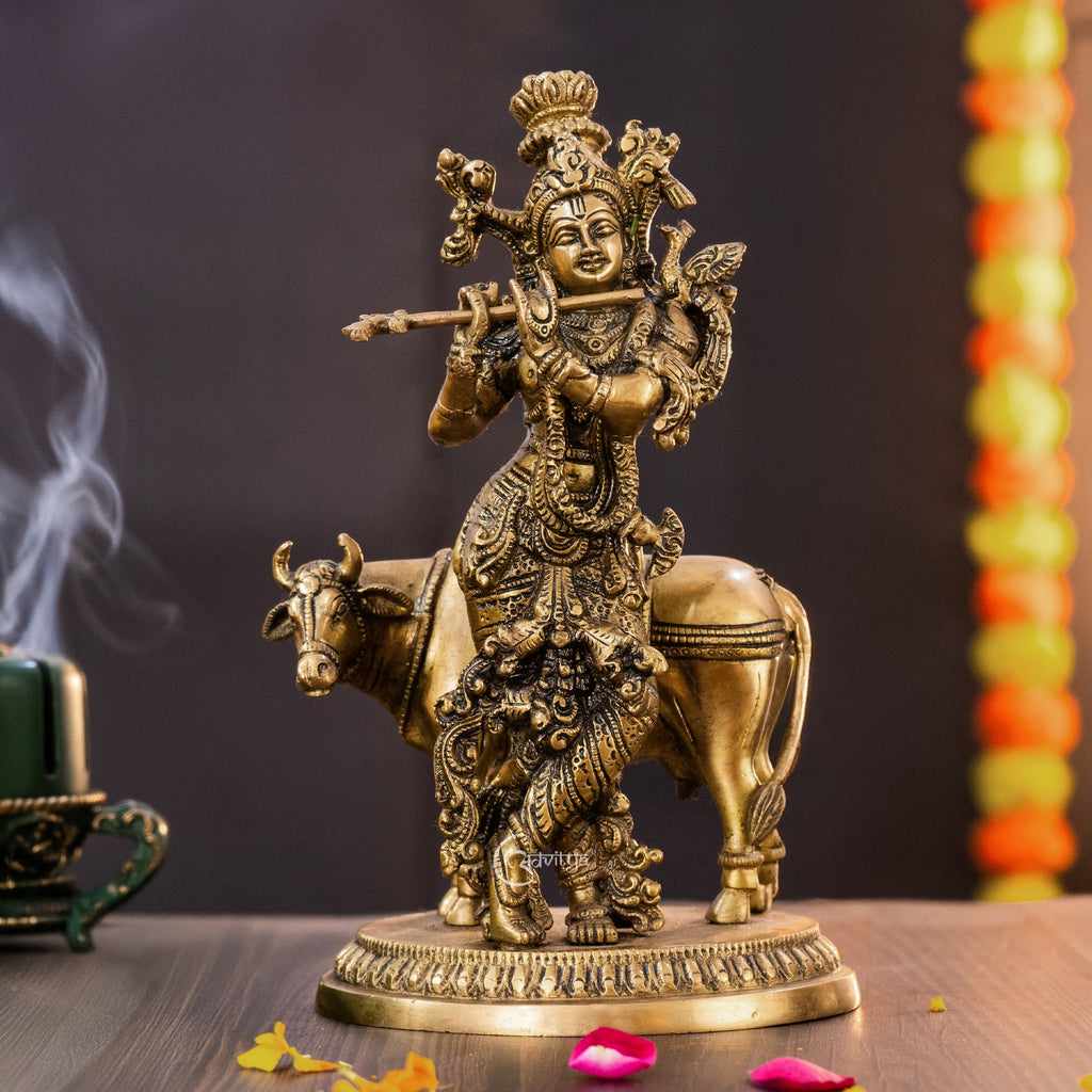 Brass Lord Krishna with Cow Figurine