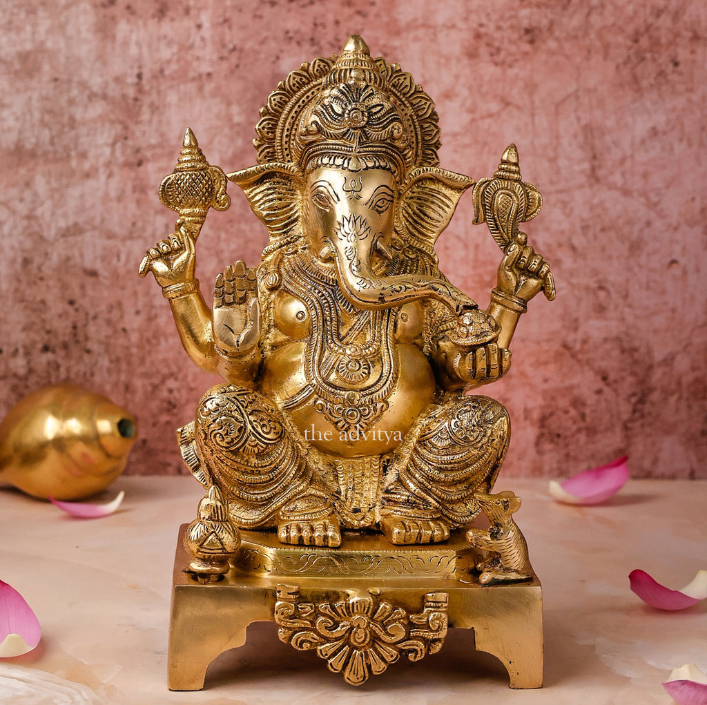 Ganesha,Ganepati,Ganasha,Ganapati,Gajanand,Gajananaa,Gajanana,Ekadanta,Brass Lord Ganesha Statue Sitting ON Chowki