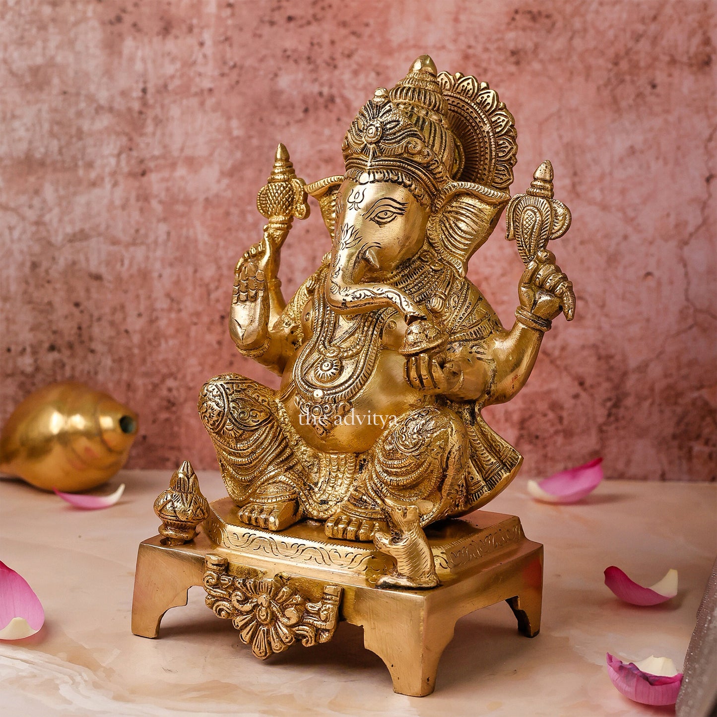 Ganesha,Ganepati,Ganasha,Ganapati,Gajanand,Gajananaa,Gajanana,Ekadanta,Brass Lord Ganesha Statue Sitting On Chowki