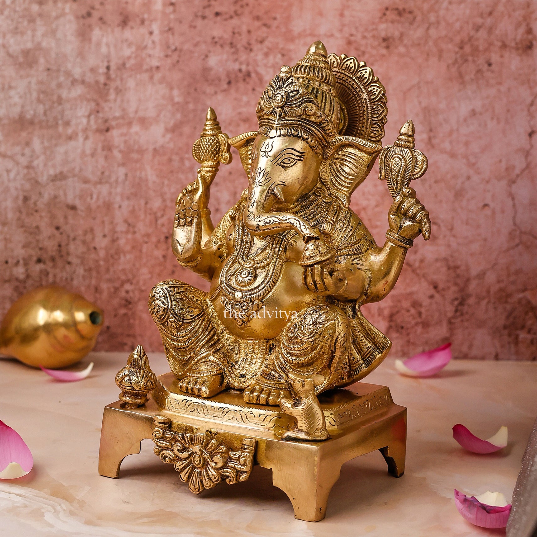 Ganesha,Ganepati,Ganasha,Ganapati,Gajanand,Gajananaa,Gajanana,Ekadanta,Brass Lord Ganesha Statue Sitting On Chowki