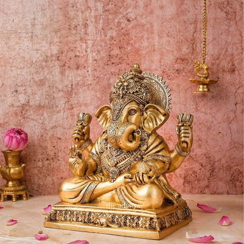 Ganesha,Ganepati,Ganasha,Ganapati,Gajanand,Gajananaa,Gajanana,Ekadanta,Brass Lord Ganesha Sitting On Chowki