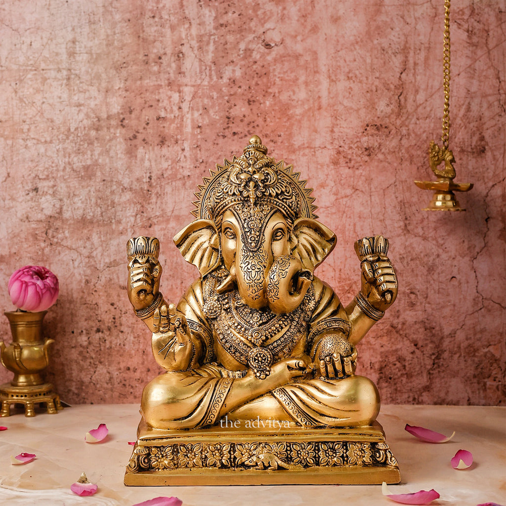 Ganesha,Ganepati,Ganasha,Ganapati,Gajanand,Gajananaa,Gajanana,Ekadanta,Brass Lord Ganesha  Sitting On Chowki