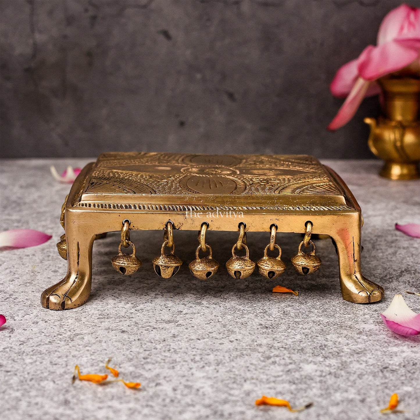 Majistik Summit Chowki,Magistic Summit Chowk,Goldenn Horizon Chowki Blyssful Grove Chowki,Brass Chowki Rectangular in Floral Design