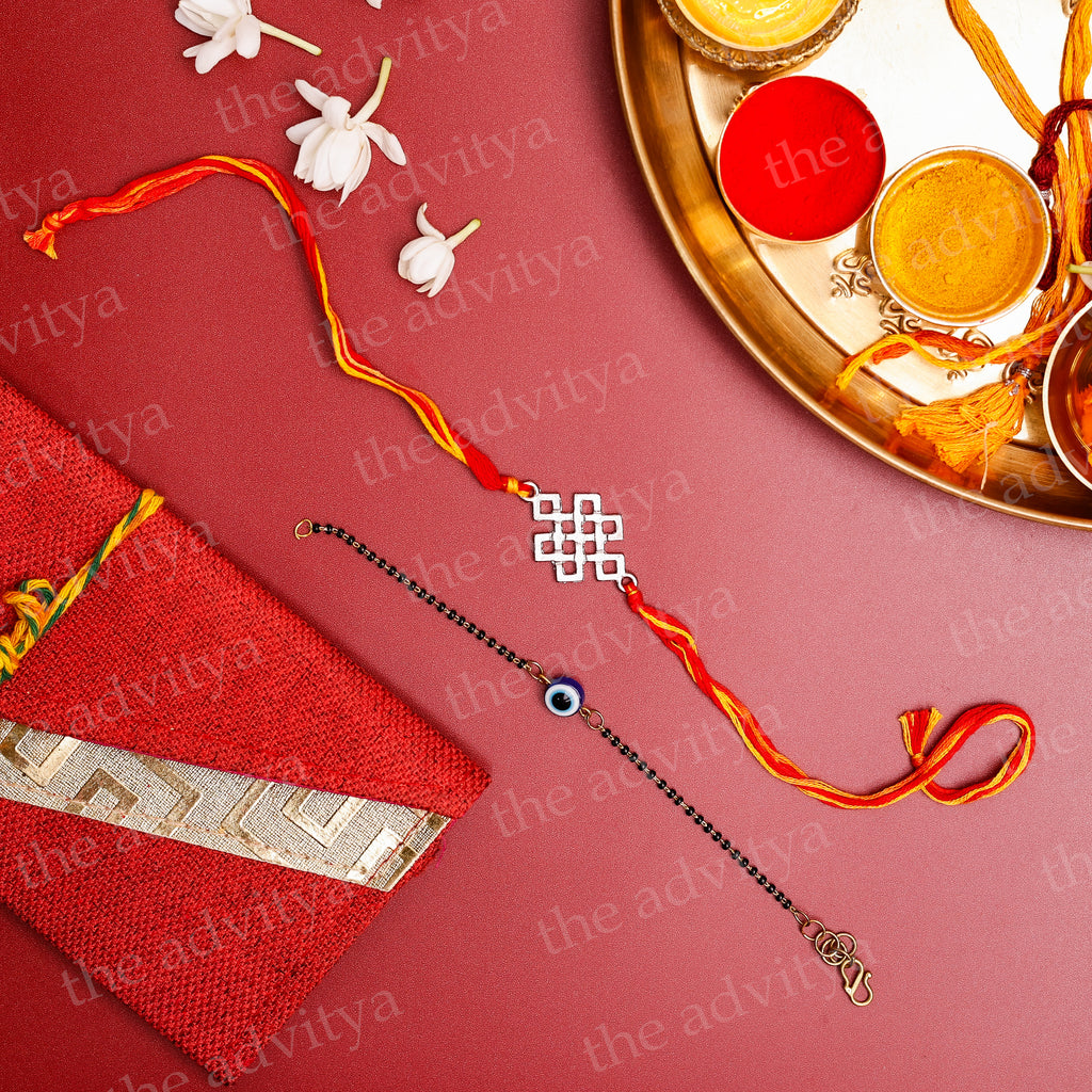 Rakhi ,Handmade rakhi, Rakhi Special Collection ,Rakhi Gifting,Tibetan Coral Knot Rakhi with Evil Eye Black Bracelet