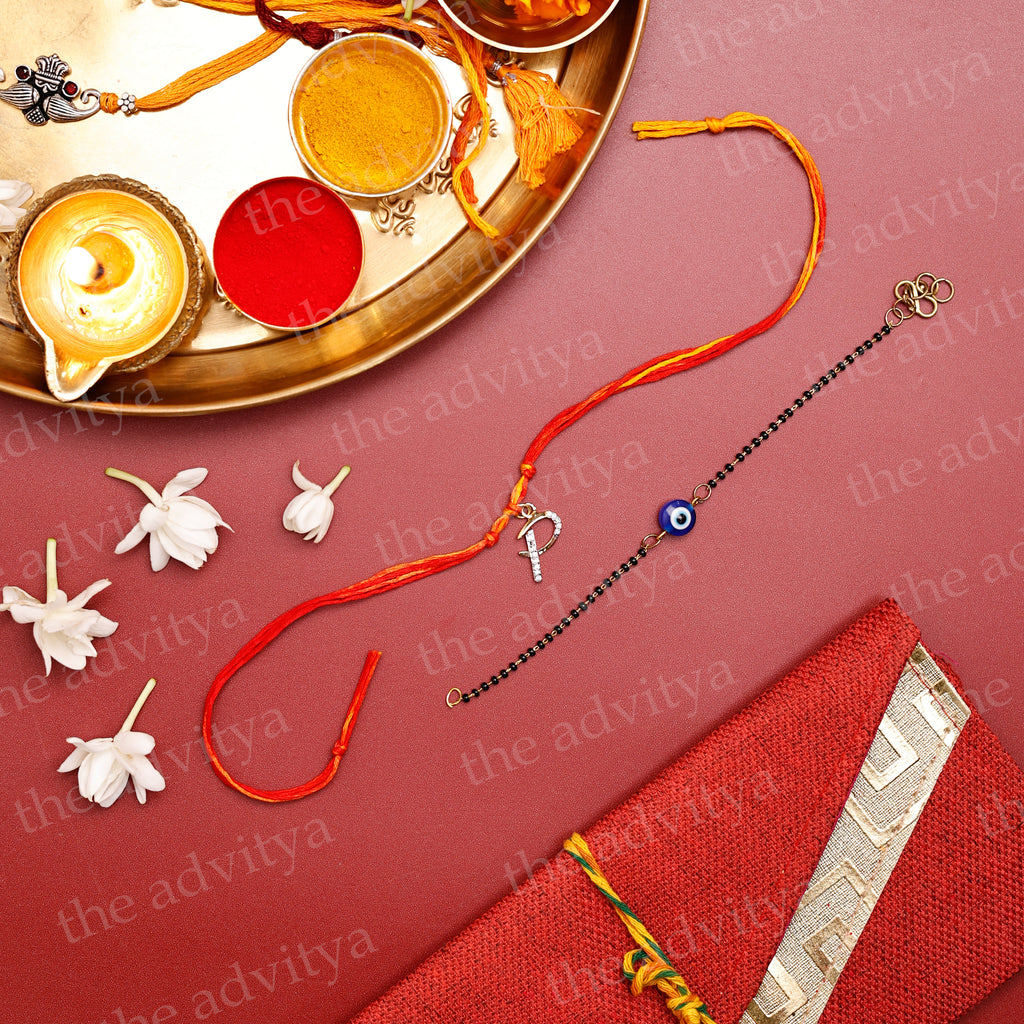 Rakhi ,Handmade rakhi, Rakhi Special Collection ,Rakhi Gifting,Alphabet P Rakhi Designs in AD Pendant with Black Evil Eye Bracelet for Bhabhi