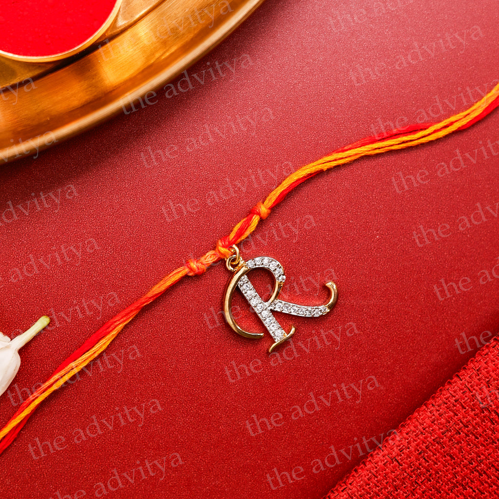 Rakhi,Handmade Rakhi,Rakhi Special Collection,Rakhi gifting , Alphabet R Rakhi Designs in AD Pendant