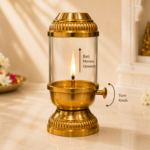Elegant Brass Oil Akhand Jyot Diya With Adjustable Bati ( Large, 300 ml Capacity )