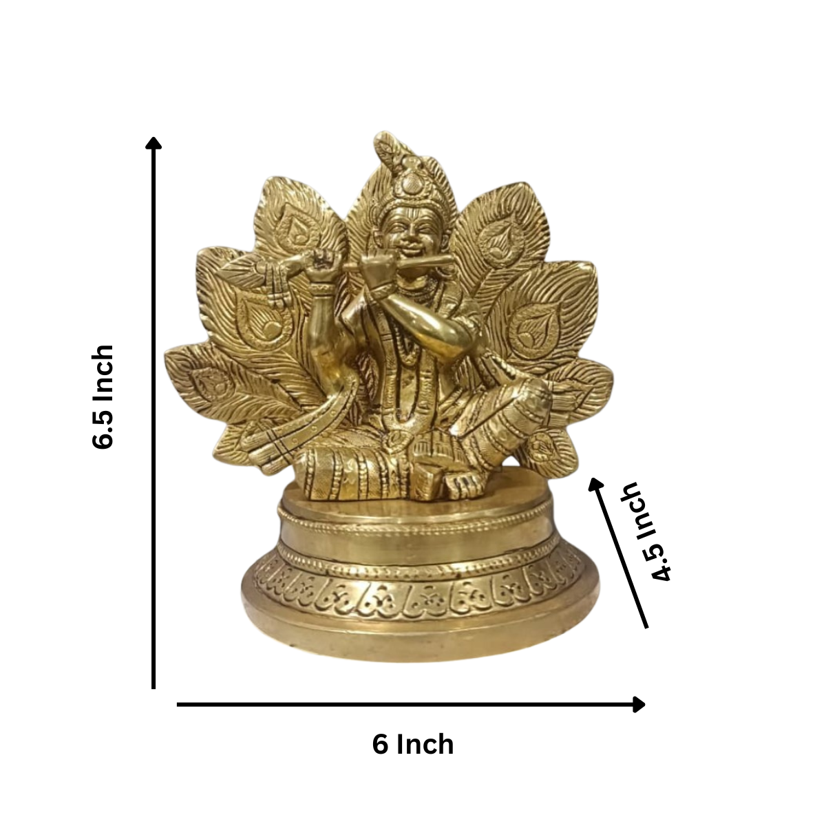Brass Krishna Idol with Flute & Peacock Feather Backdrop Design