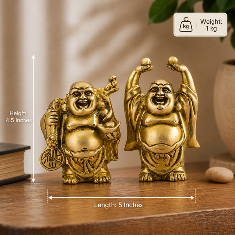 Brass Laughing Buddha Murti Pair for Prosperity & Positive Energy