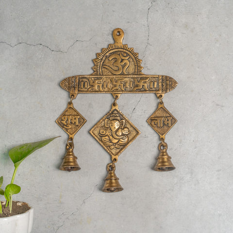 Lord Ganesha Wall Hanging With Om Subh Labh And Brass Bells