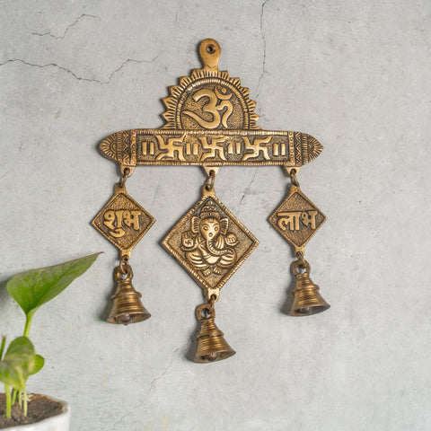 Lord Ganesha Wall Hanging With Om Subh Labh And Brass Bells