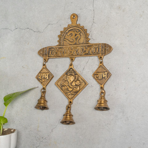 Lord Ganesha Wall Hanging With Om Subh Labh And Brass Bells