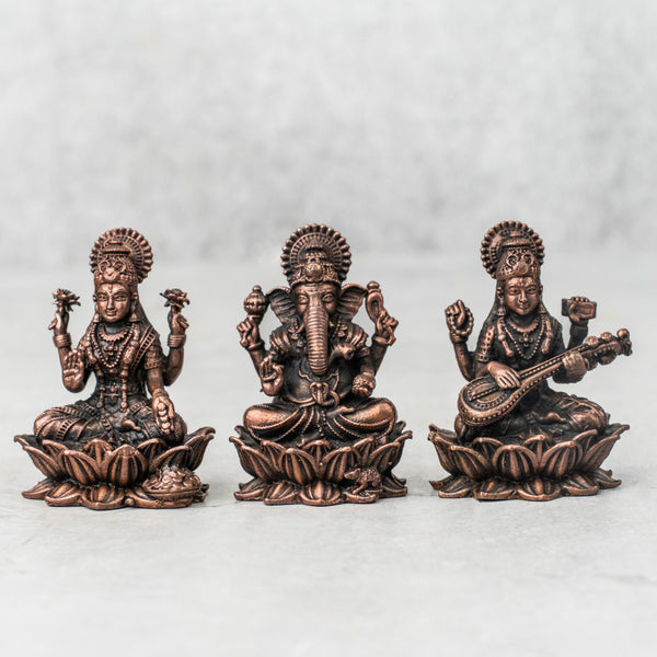 Copper Ganesh Laxmi Saraswati On Lotus