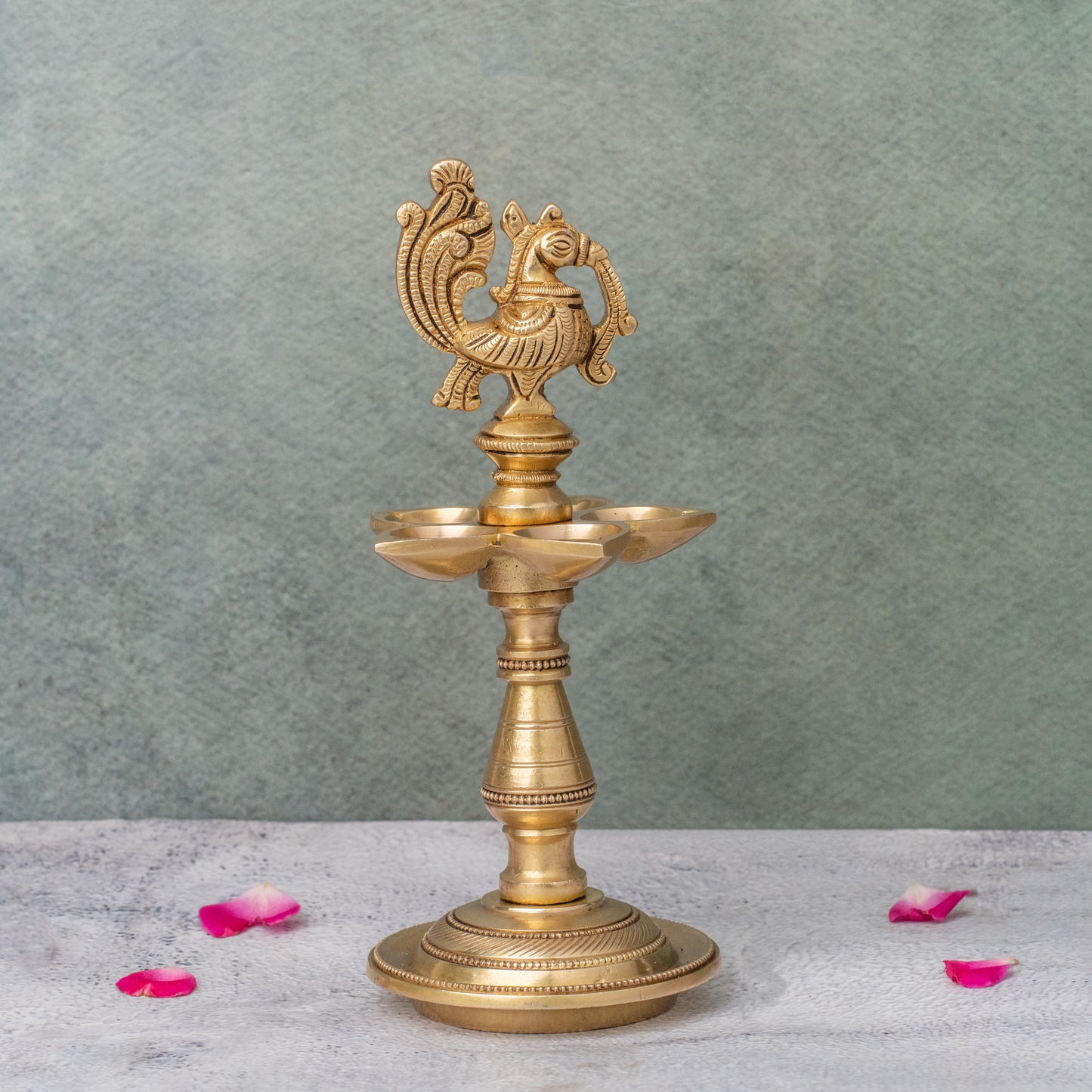 Brass Peacock Oil Lamp Stand With 5 diya