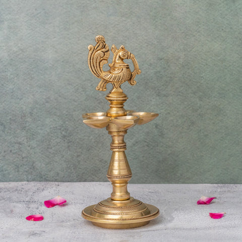Brass Peacock Oil Lamp Stand With 5 diya