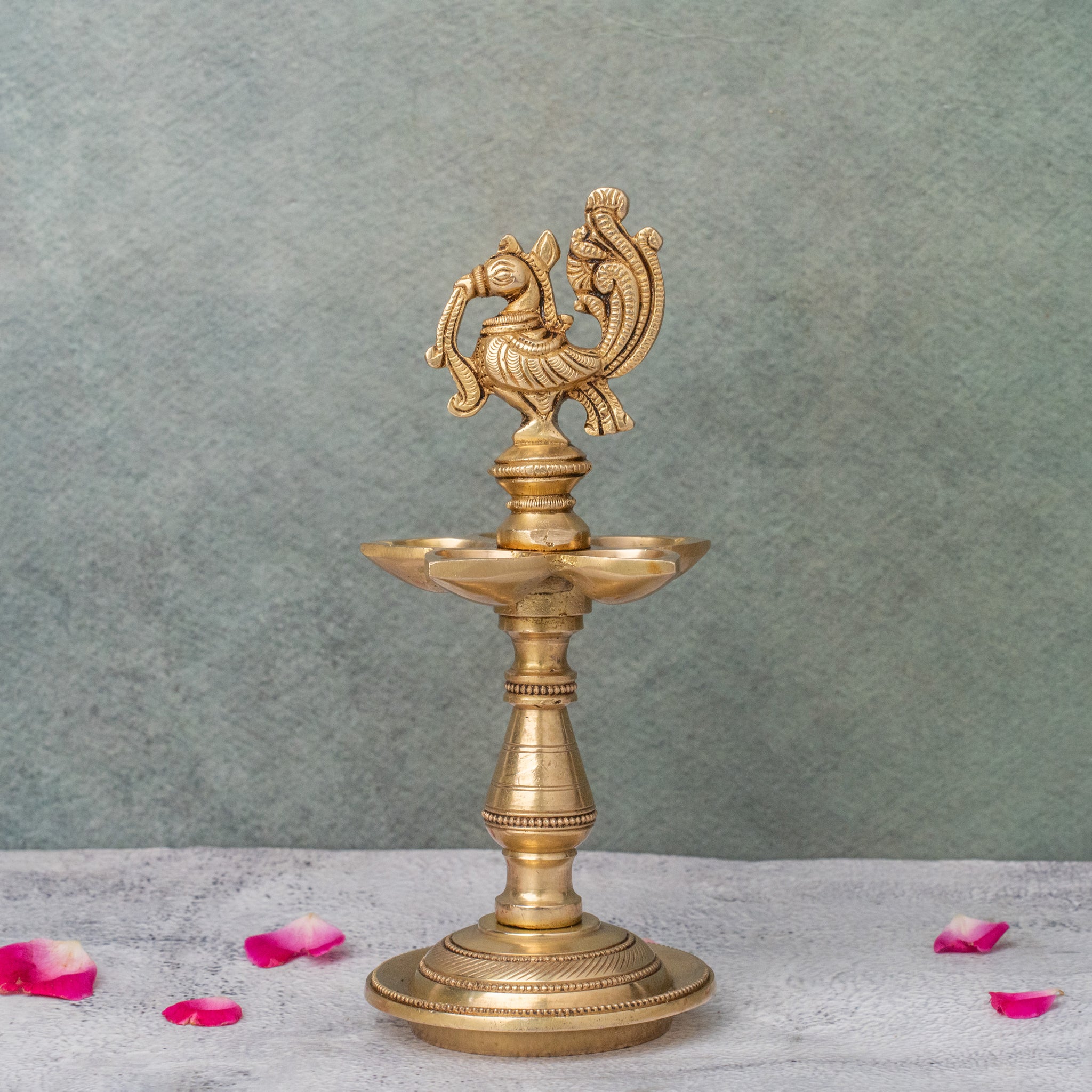 Brass Peacock Oil Lamp Stand With 5 diya