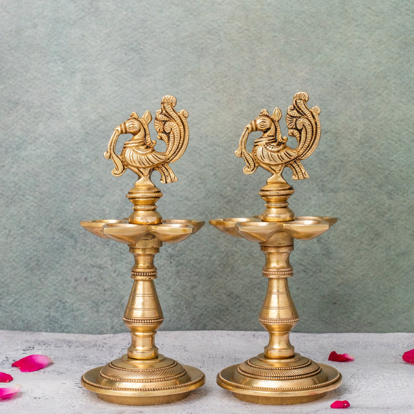 Brass Peacock Oil Lamp Stand With 5 diya  pair