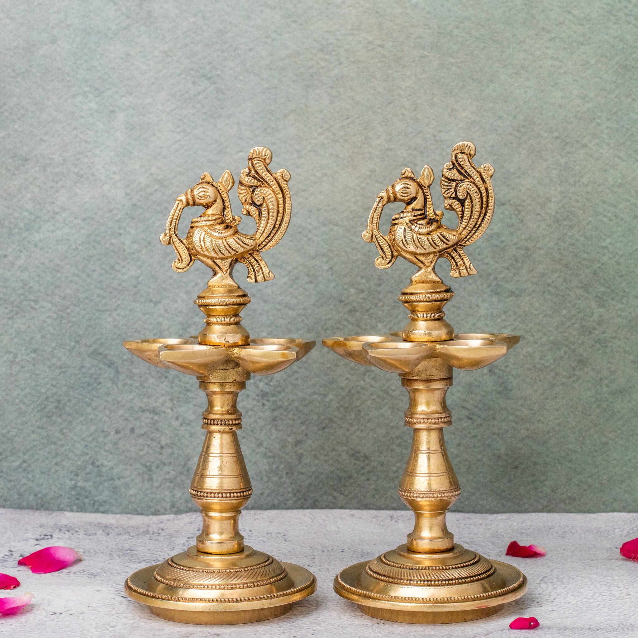 Brass Peacock Oil Lamp Stand With 5 diya  pair
