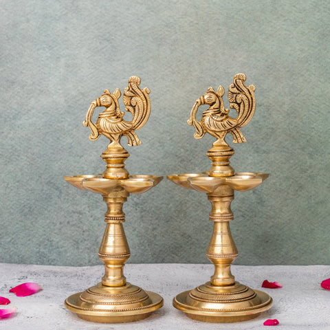 Brass Peacock Oil Lamp Stand With 5 diya  pair