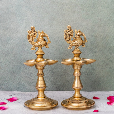 Brass Peacock Oil Lamp Stand With 5 diya  pair