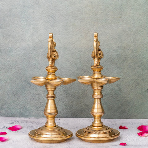 Brass Peacock Oil Lamp Stand With 5 diya  pair