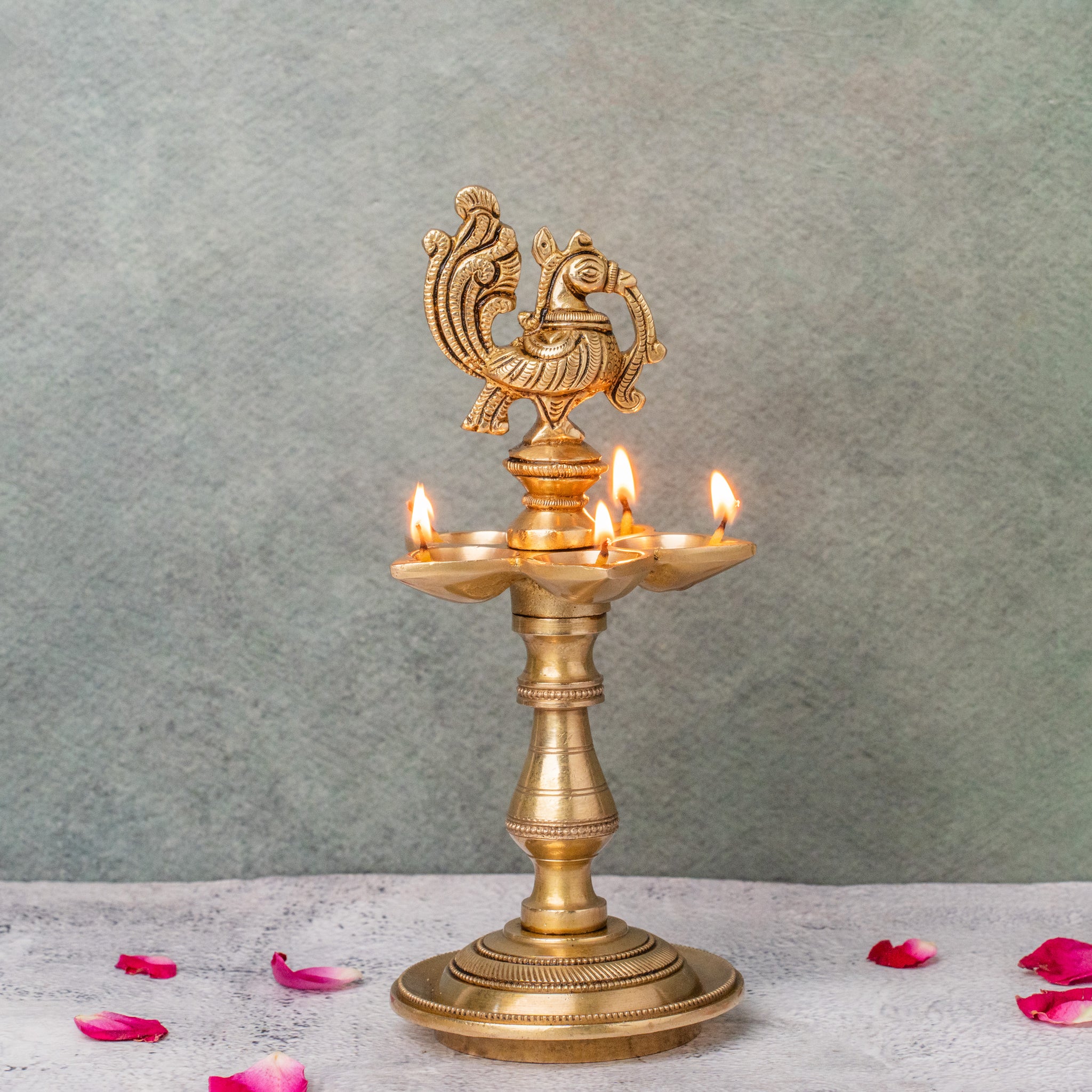 Brass Peacock Oil Lamp Stand With 5 diya