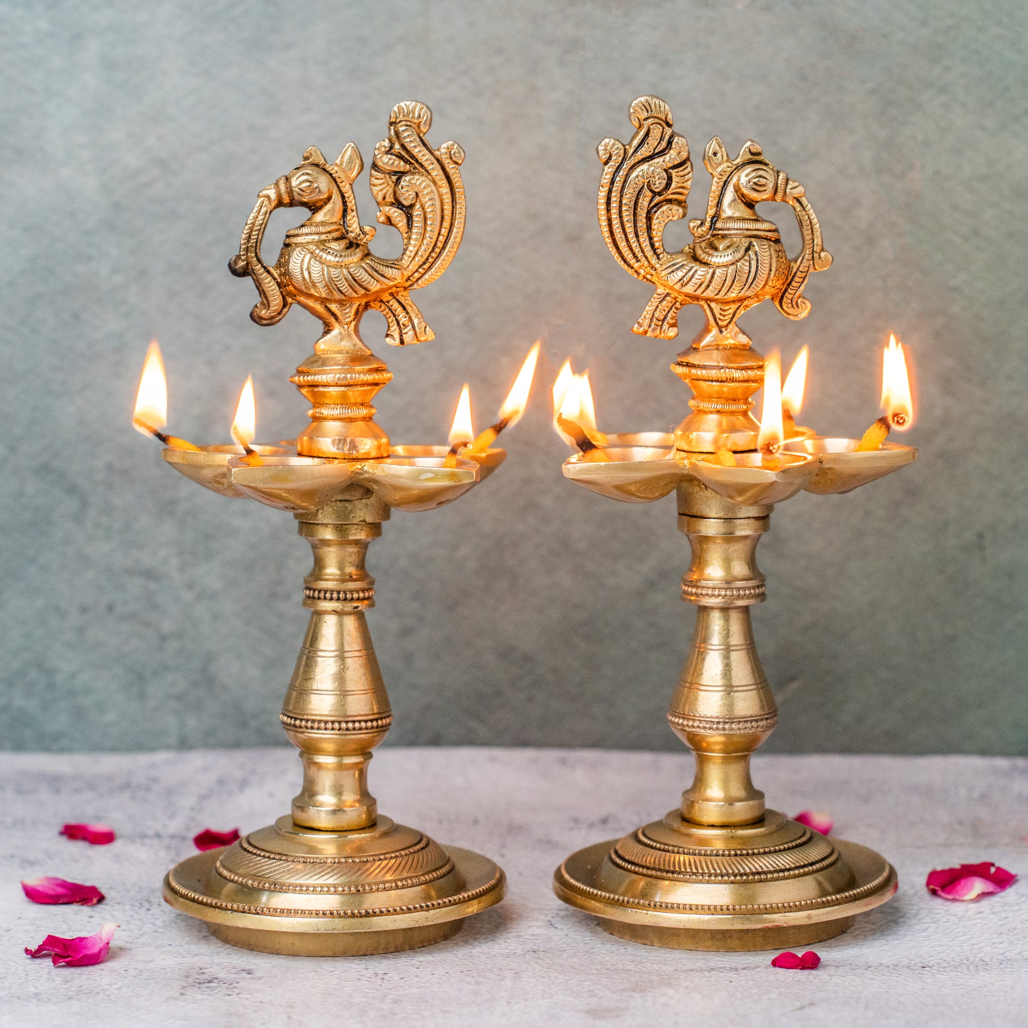 Brass Peacock Oil Lamp Stand With 5 diya  pair