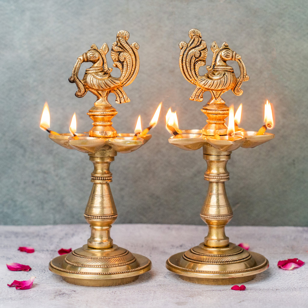 Brass Peacock Oil Lamp Stand With 5 diya  pair