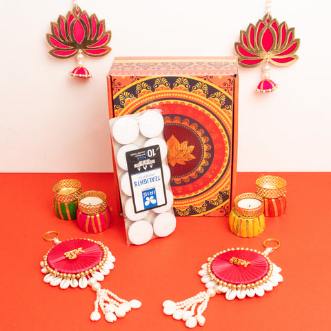 Shubh-Labh with Lotus Wall Hanging and Candle Stands Gift Set/Hamper