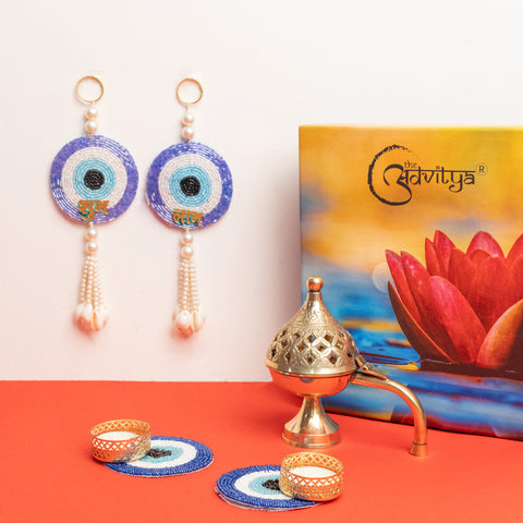 Brass Dhoop Stand with Blue Evil Eye Wall Hanging and Candle Holder Gift Set/Hamper