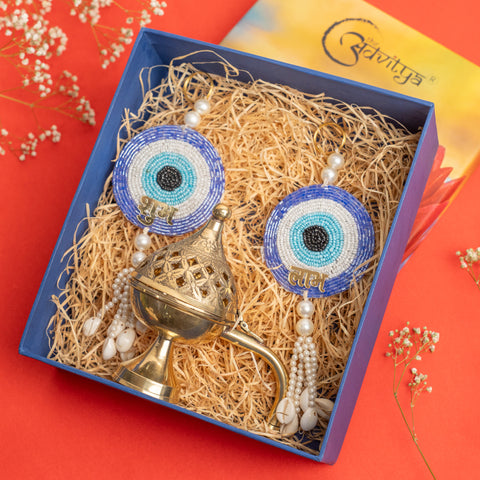 Brass Dhoop Stand with blue evil eye Shubh Labh Hamper/gift set