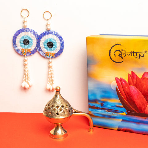 Brass Dhoop Stand with blue evil eye Shubh Labh Hamper/gift set