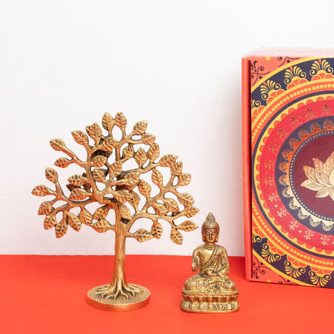 Brass Buddha with Brass Tree of Life Gift Set