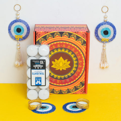 Evil Eye Shubh-Labh Pair With Candle Holder Gift Hamper and Candles