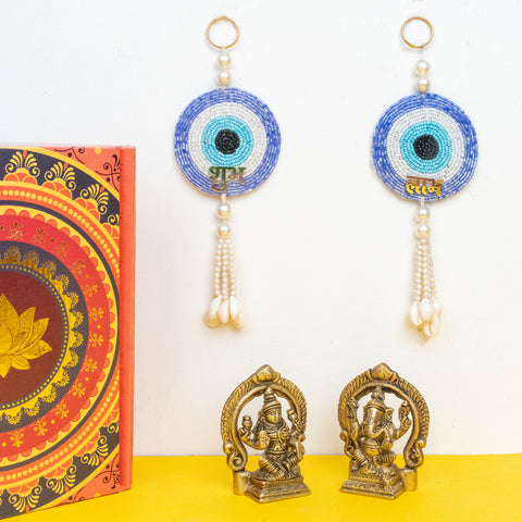 Brass Ganesh Laxmi with Evil Eye Shubh-Labh Blue Gift Hamper