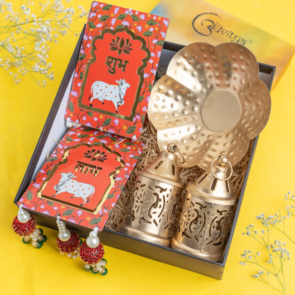 Metal Urli with Moroccan Lantern and Red Shubh-Labh Pichwai Wall Hanging Gift Set