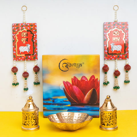 Metal Urli with Moroccan Lantern and Red Shubh-Labh Pichwai Wall Hanging Gift Set