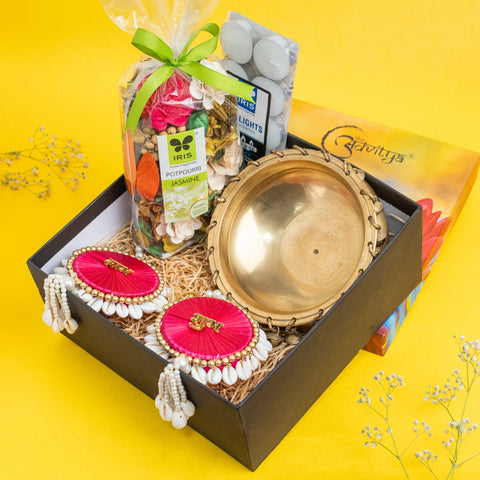 Brass Ghungroo Urli with Shubh-Labh and Potpourri Gift Set