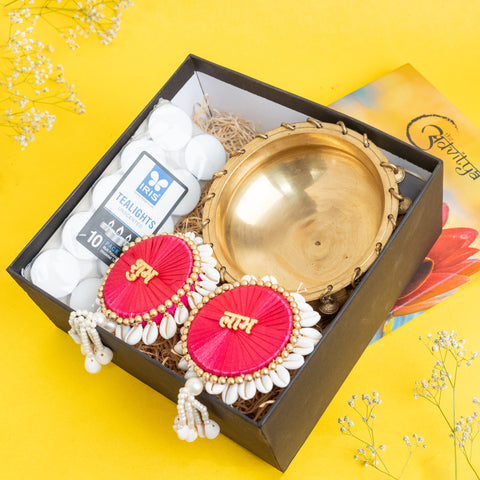 Brass Ghungroo Urli with Shubh-Labh & Candles Gift Set