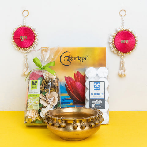 Brass Ghungroo Urli with Shubh-Labh and Potpourri Gift Set