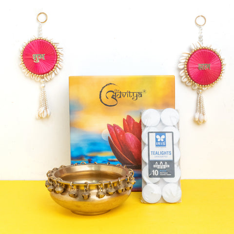 Brass Ghungroo Urli with Shubh-Labh & Candles Gift Set